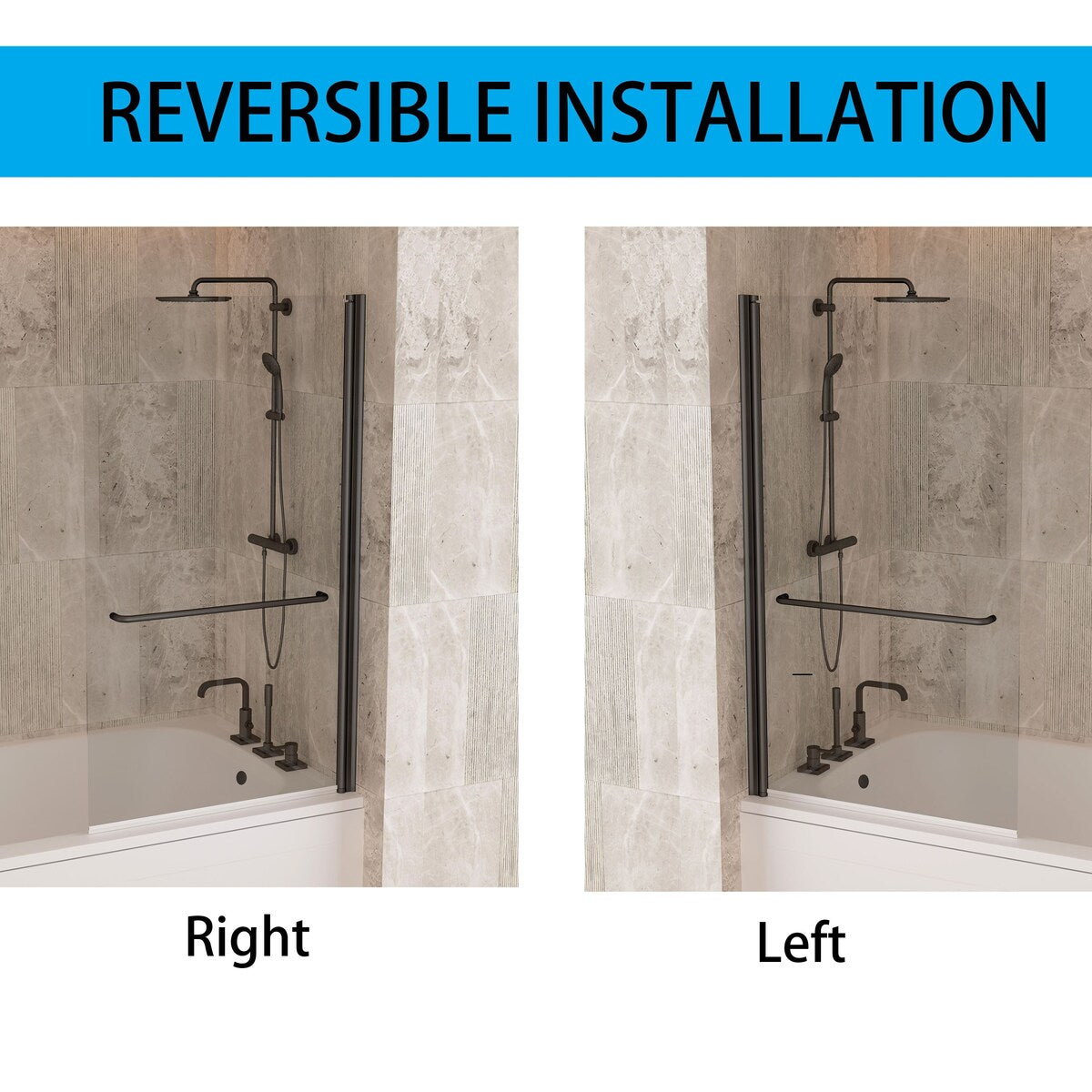 58''H Bathtub Glass shower Door, Fixed Glas Half Panel in Black/Chrome - 34x58