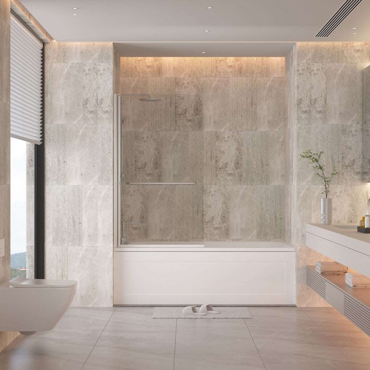 58''H Bathtub Glass shower Door, Fixed Glas Half Panel in Black/Chrome - 34x58