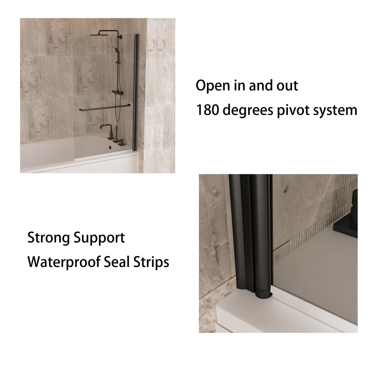 58''H Bathtub Glass shower Door, Fixed Glas Half Panel in Black/Chrome - 34x58
