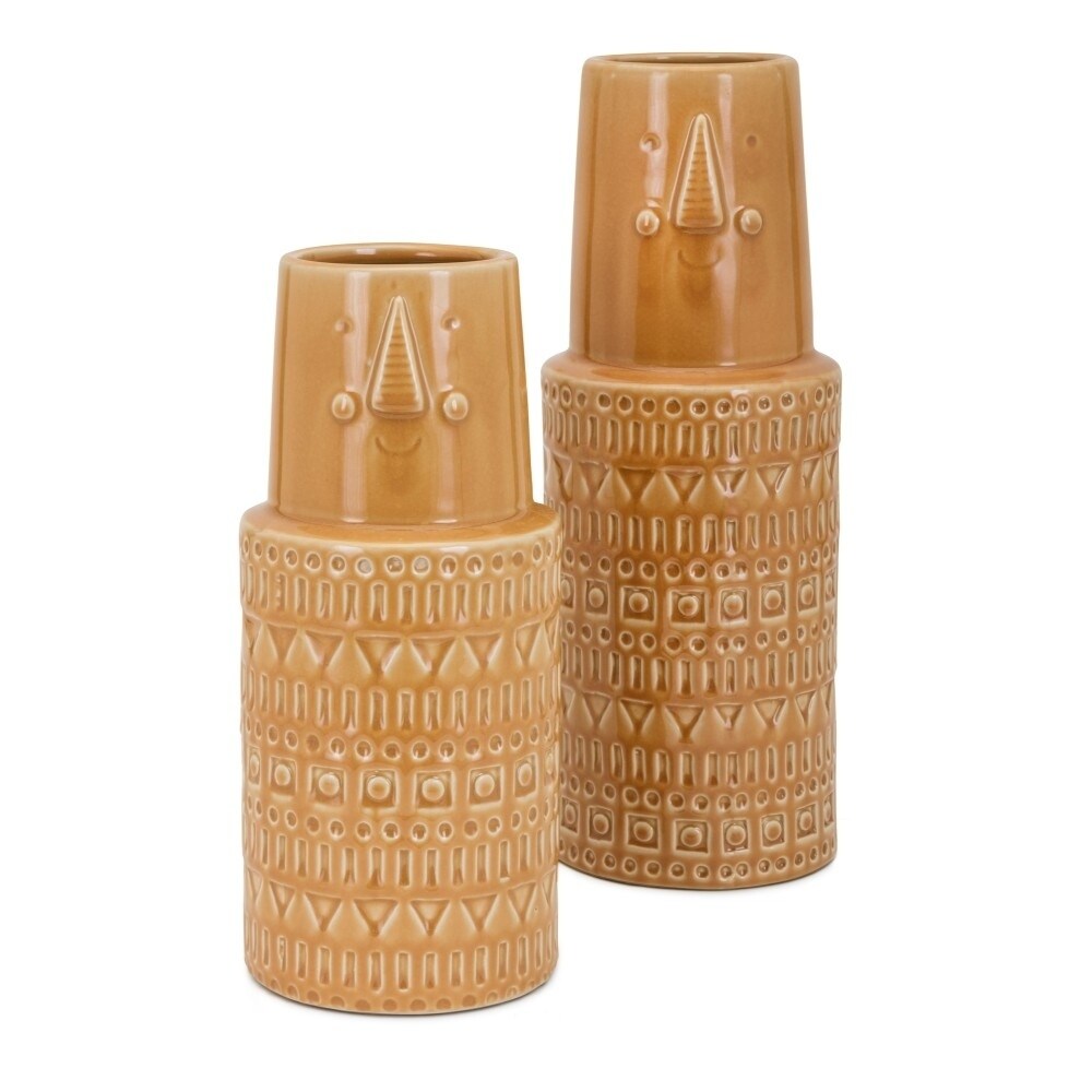 Glazed Narrow Neck Ceramic Vases, Set of Two, Orange