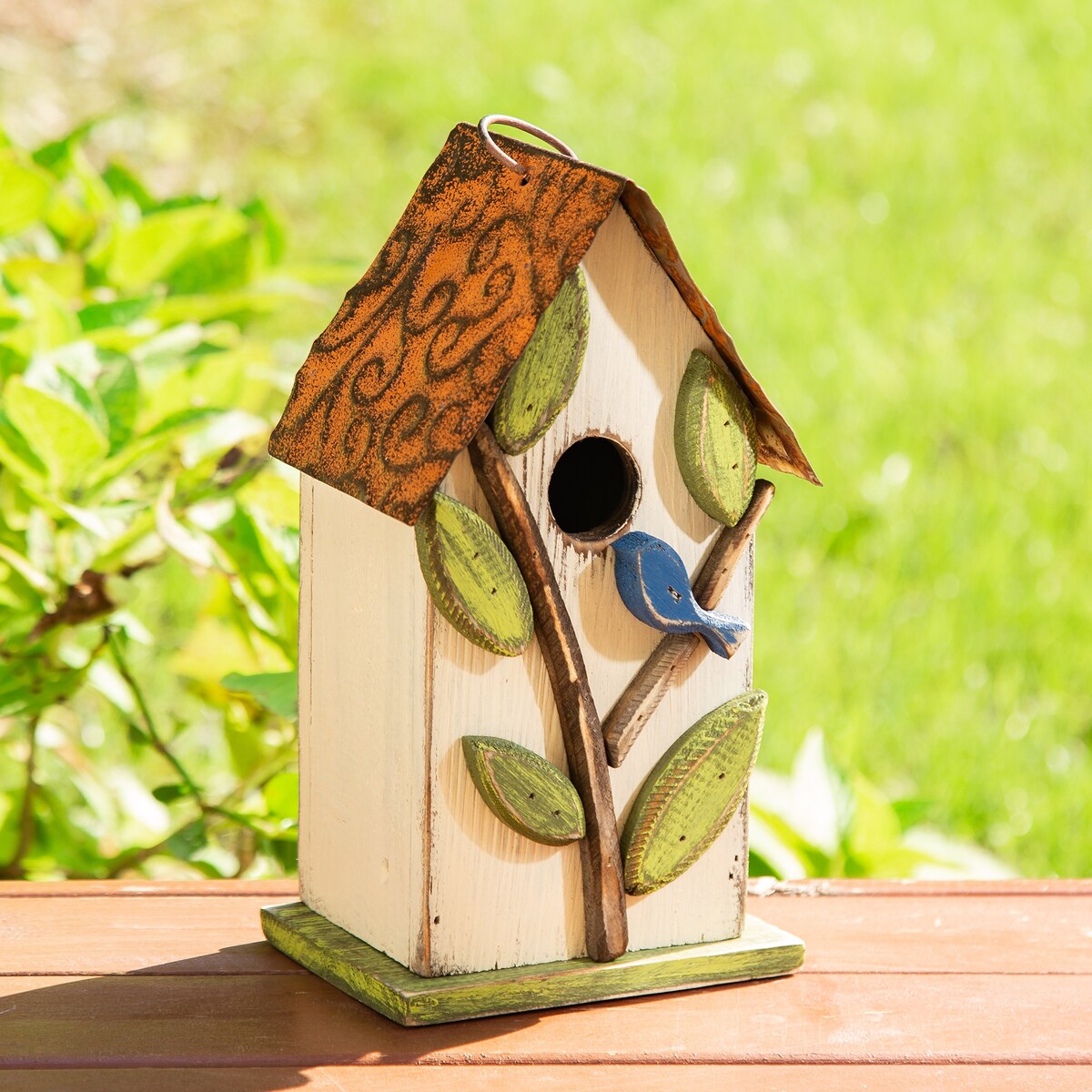 Glitzhome 10"H Multicolor Cute Distressed Solid Wood Birdhouse with 3D Flowers