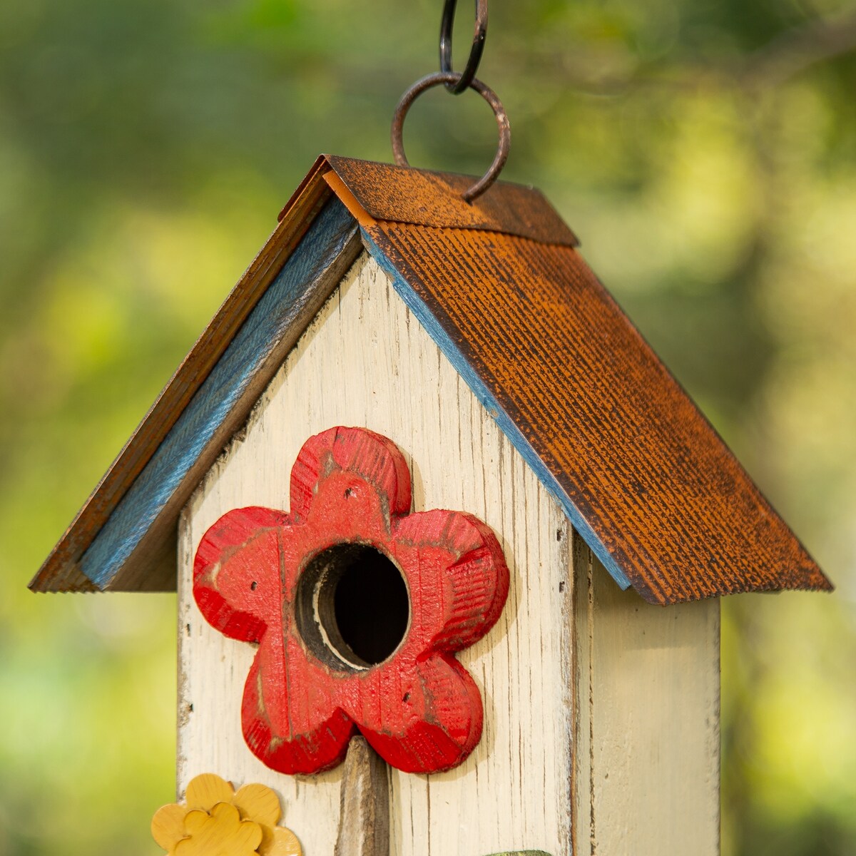 Glitzhome 10"H Multicolor Cute Distressed Solid Wood Birdhouse with 3D Flowers