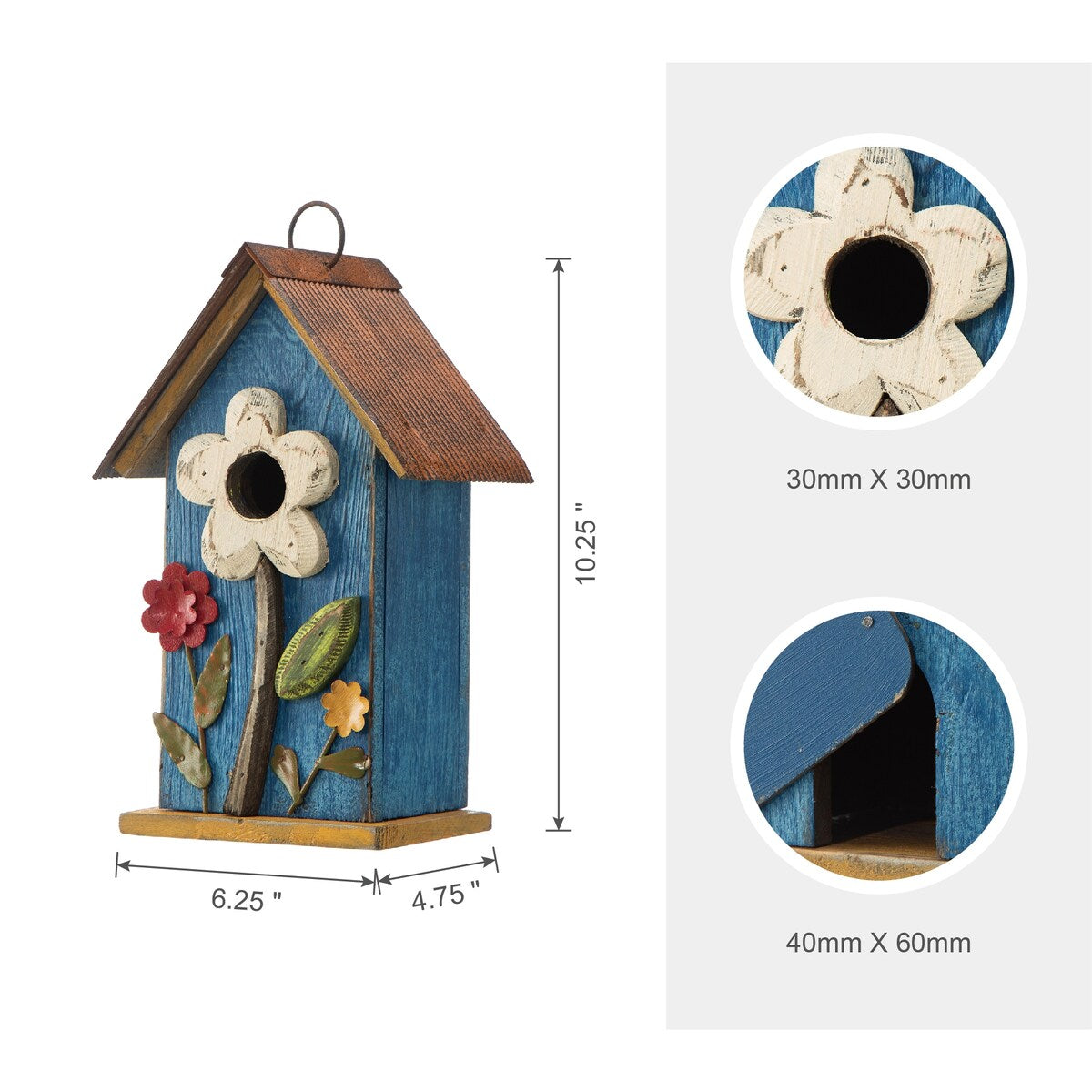 Glitzhome 10"H Multicolor Cute Distressed Solid Wood Birdhouse with 3D Flowers