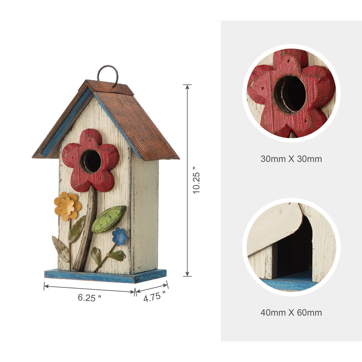 Glitzhome 10"H Multicolor Cute Distressed Solid Wood Birdhouse with 3D Flowers