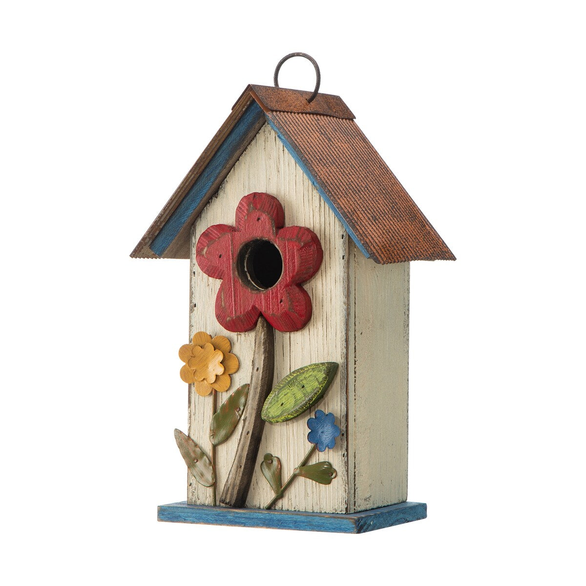 Glitzhome 10"H Multicolor Cute Distressed Solid Wood Birdhouse with 3D Flowers