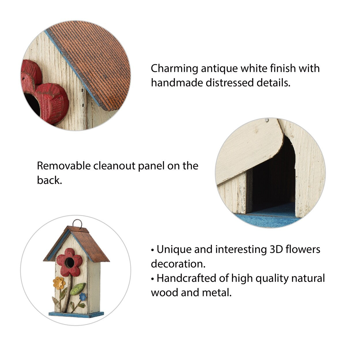 Glitzhome 10"H Multicolor Cute Distressed Solid Wood Birdhouse with 3D Flowers