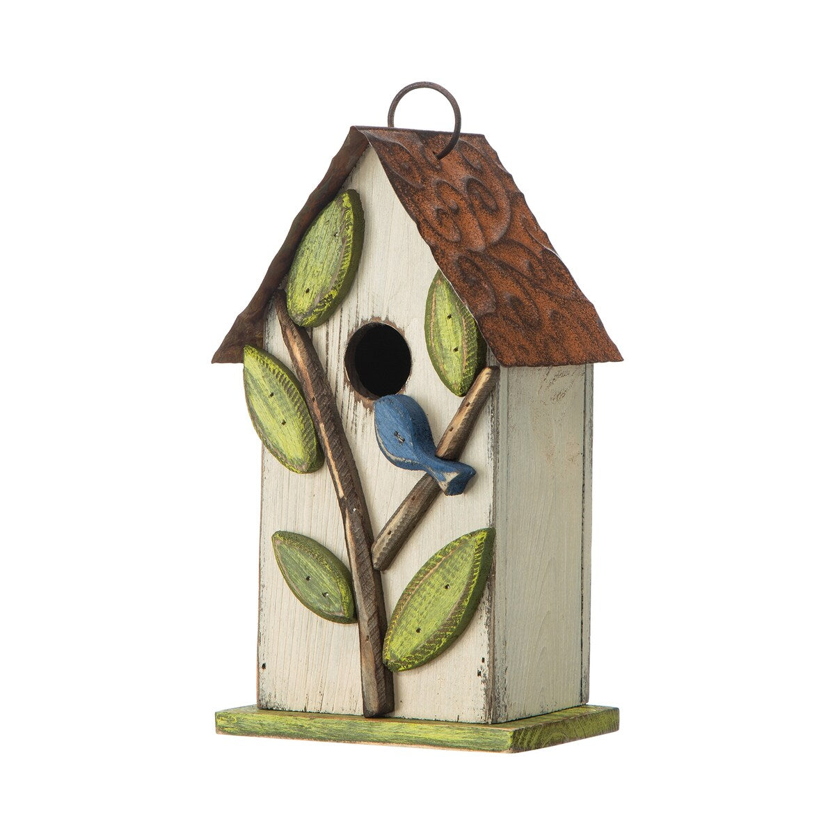Glitzhome 10"H Multicolor Cute Distressed Solid Wood Birdhouse with 3D Flowers