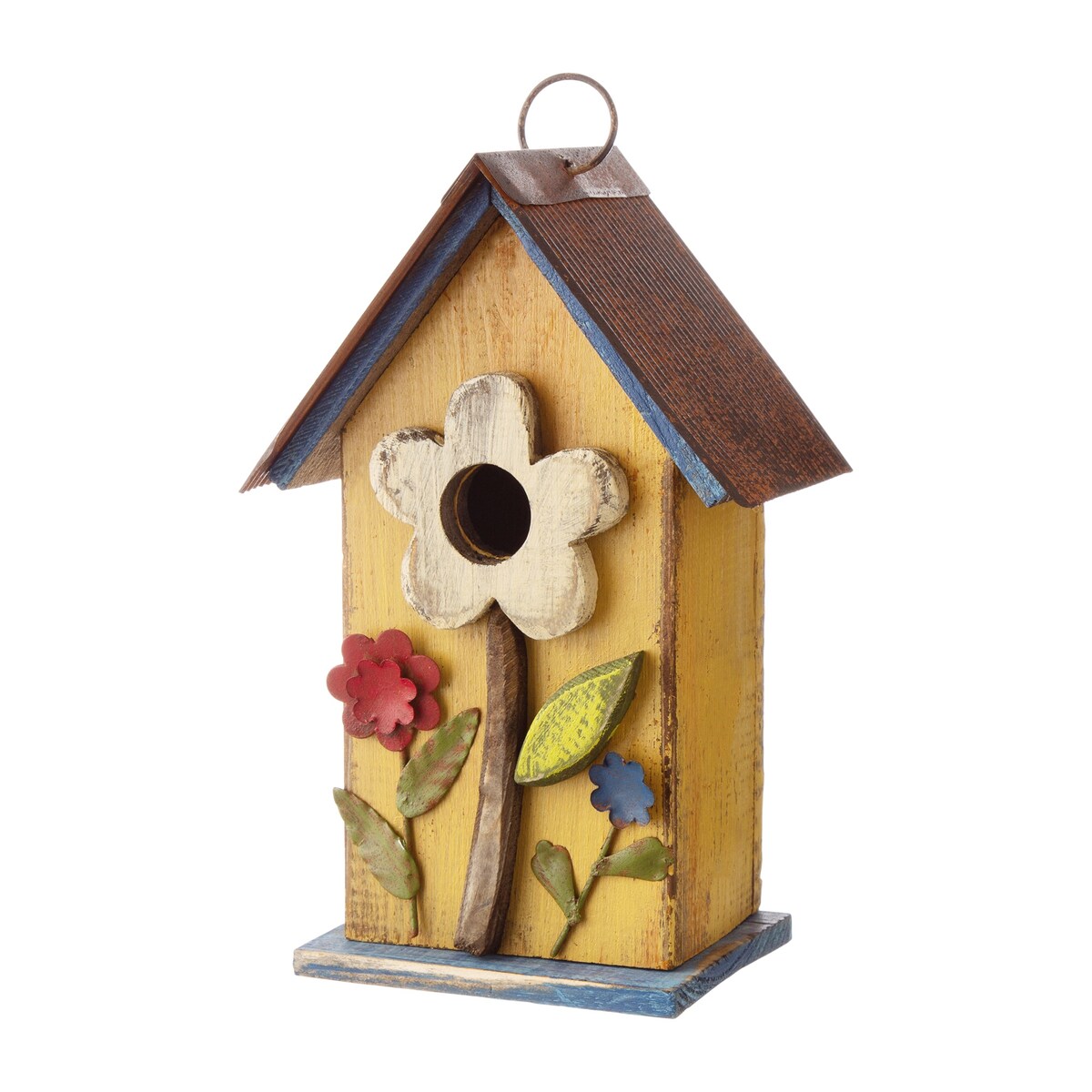 Glitzhome 10"H Multicolor Cute Distressed Solid Wood Birdhouse with 3D Flowers