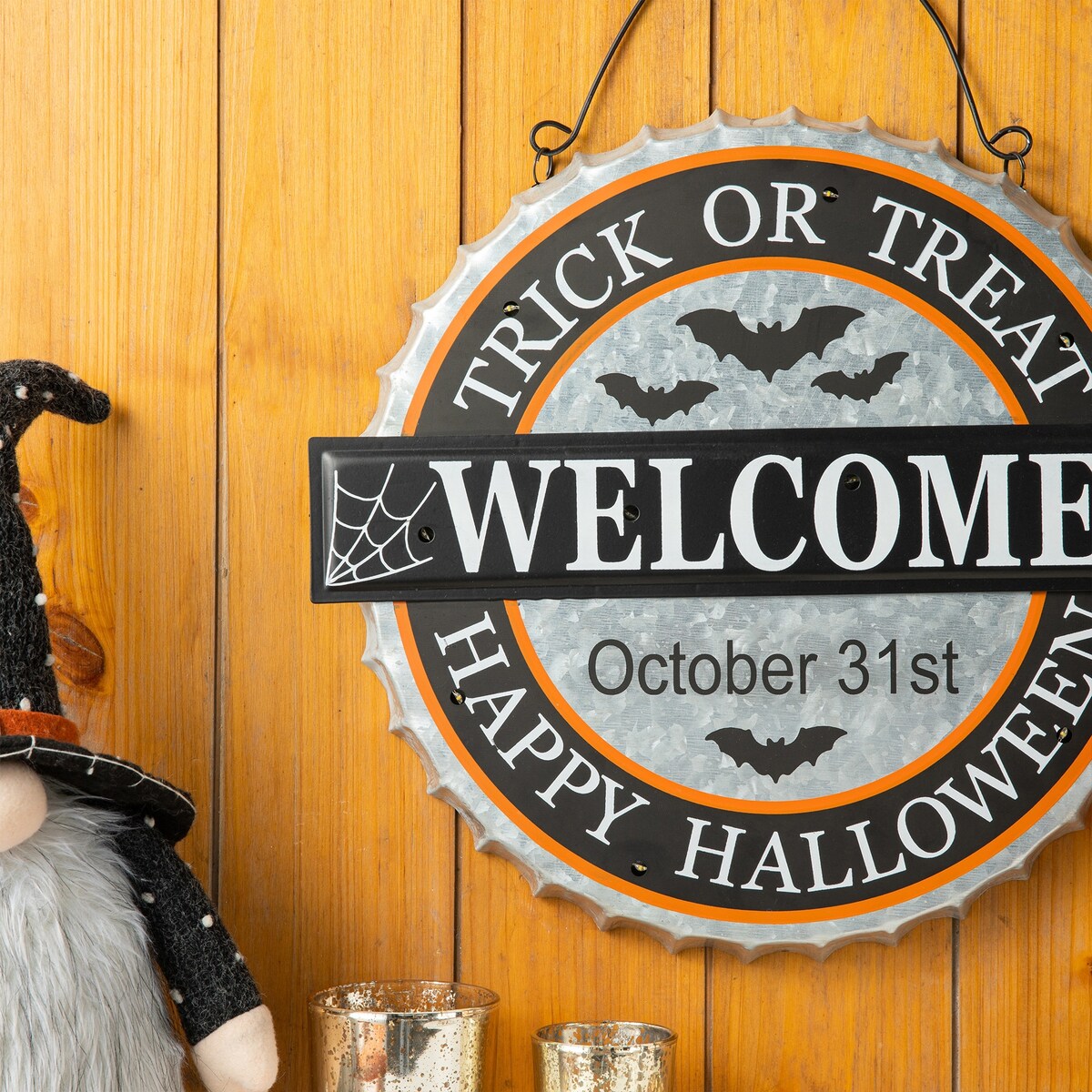 Glitzhome 14"L Lighted Halloween Metal Bottle Cap Wall Sign
