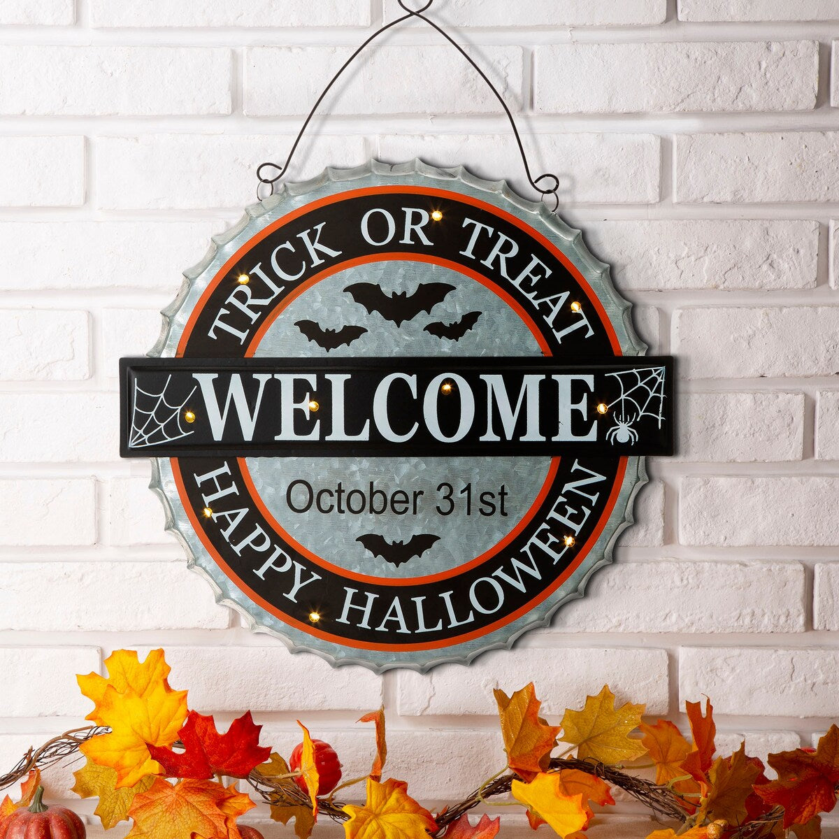 Glitzhome 14"L Lighted Halloween Metal Bottle Cap Wall Sign