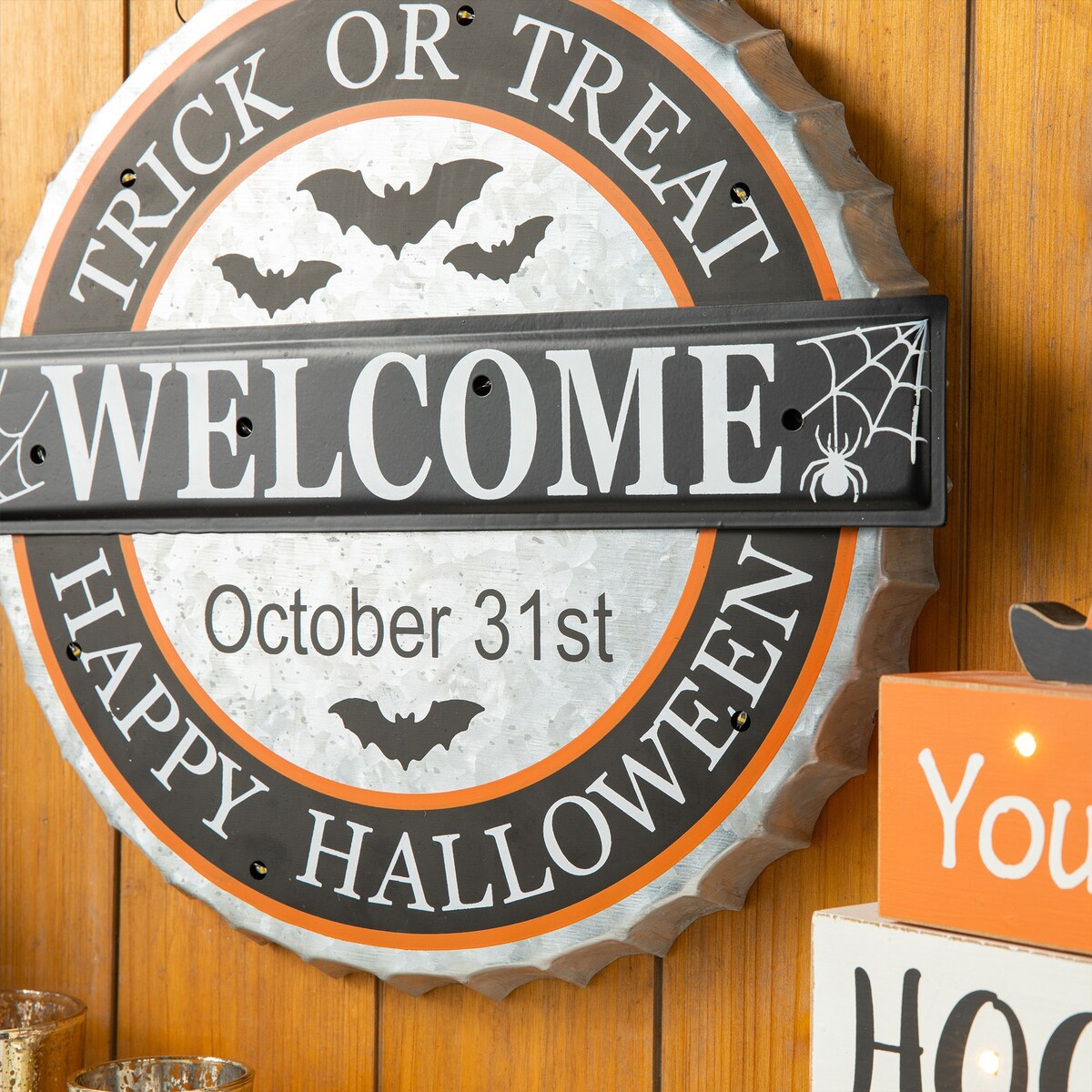 Glitzhome 14"L Lighted Halloween Metal Bottle Cap Wall Sign