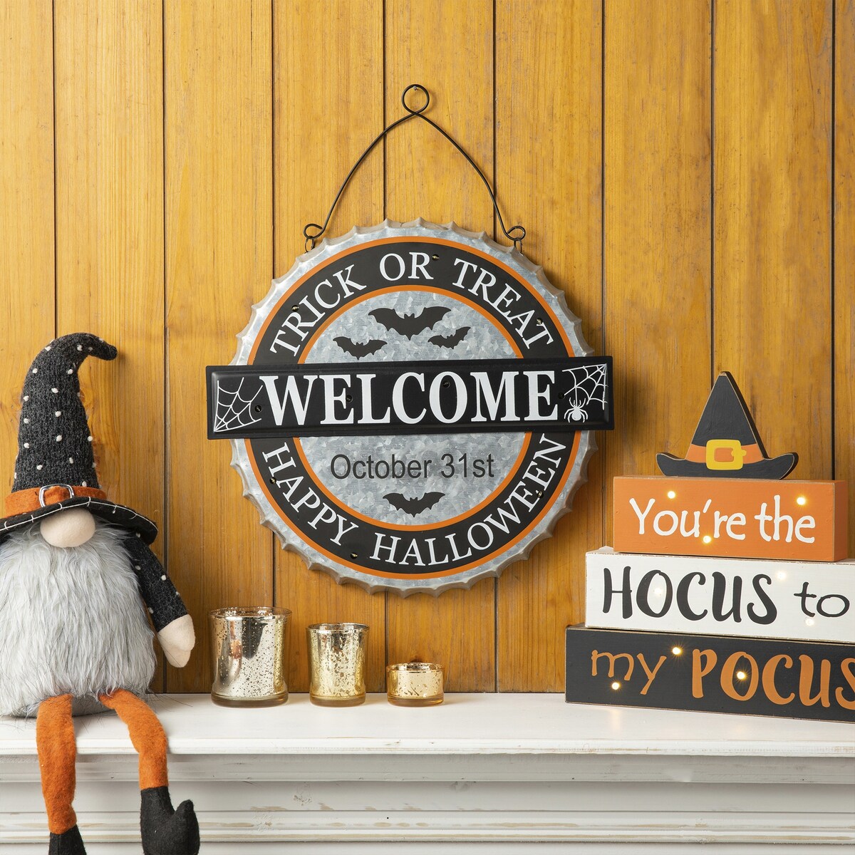 Glitzhome 14"L Lighted Halloween Metal Bottle Cap Wall Sign