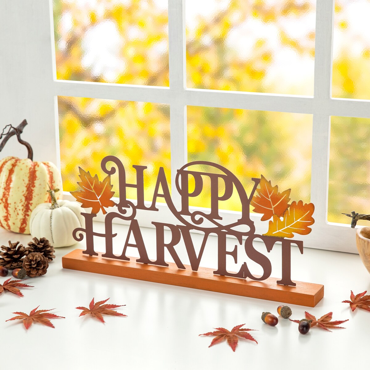 Glitzhome 18"L Wood & Metal Happy Harvest Table Decor