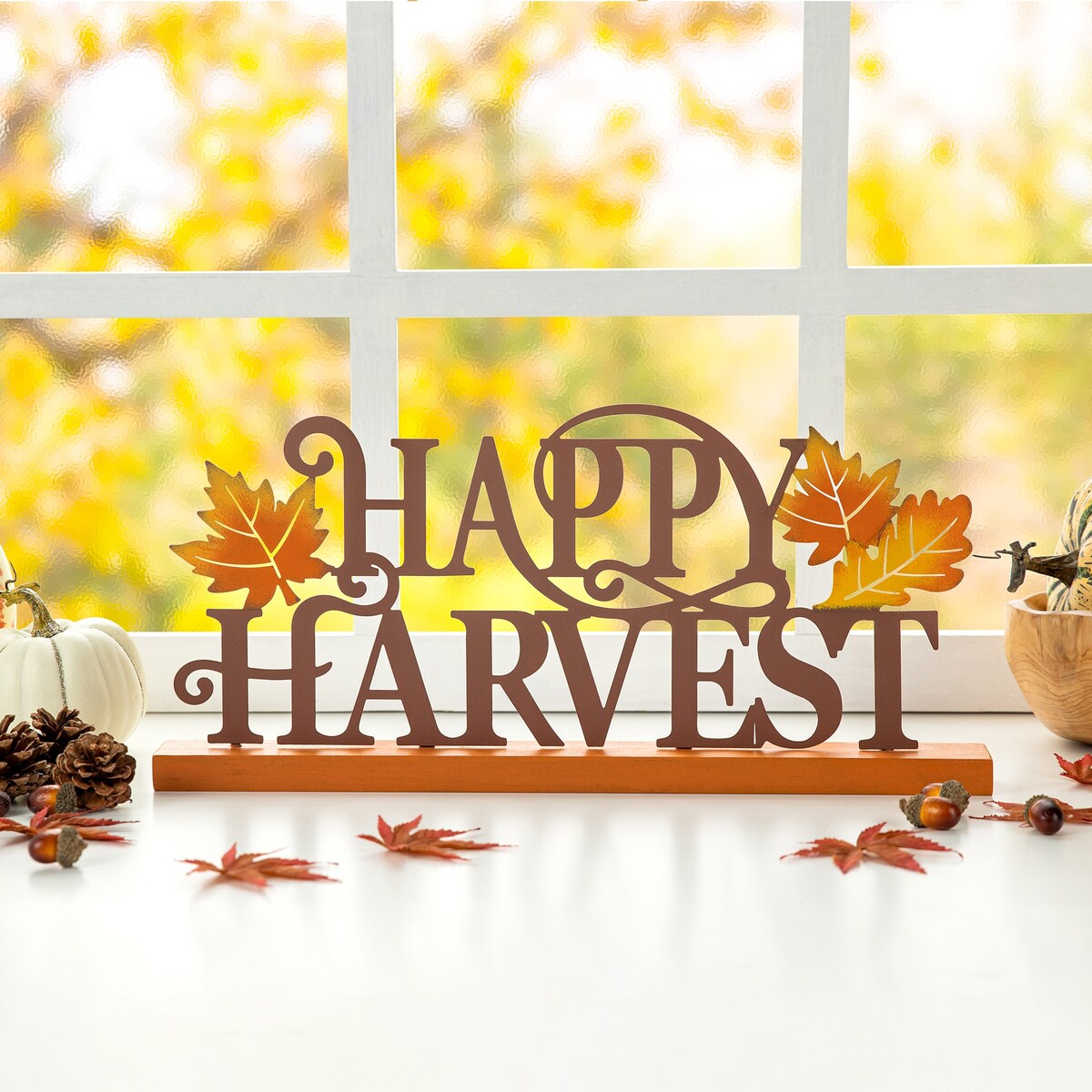 Glitzhome 18"L Wood & Metal Happy Harvest Table Decor