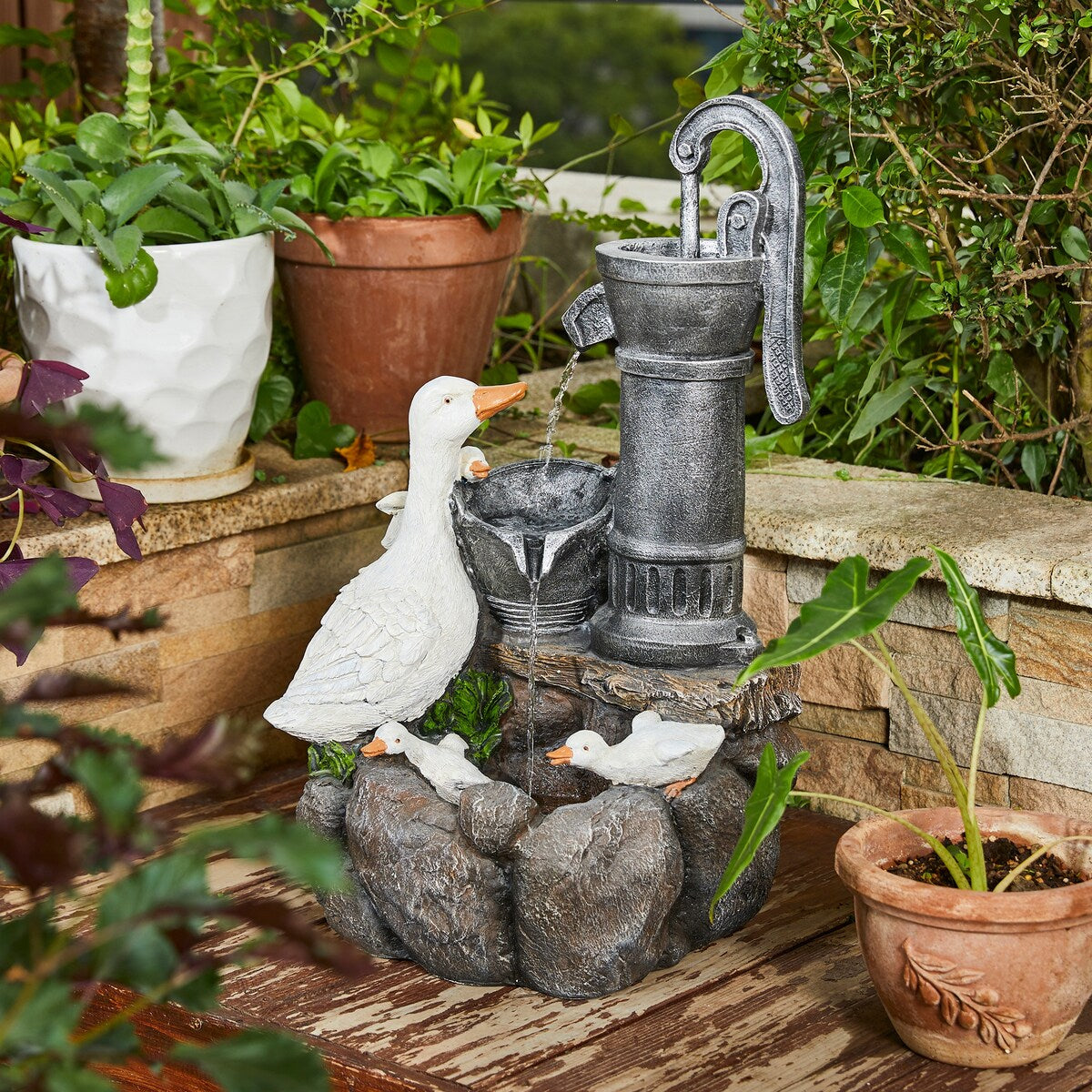 Glitzhome 23.5"H Cute Duck Family Polyresin Outdoor Fountain with LED Light - 23.5"