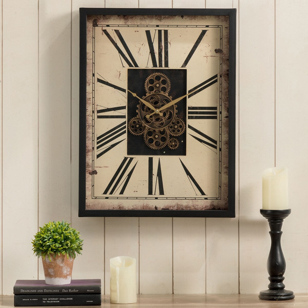 Glitzhome 23.75"H Vintage Rectangle Gear Wall Clock