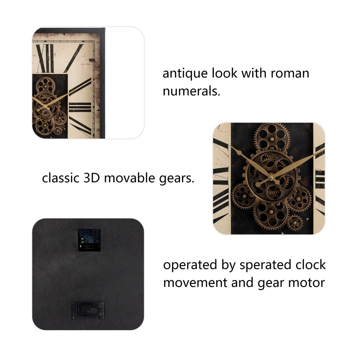 Glitzhome 23.75"H Vintage Rectangle Gear Wall Clock