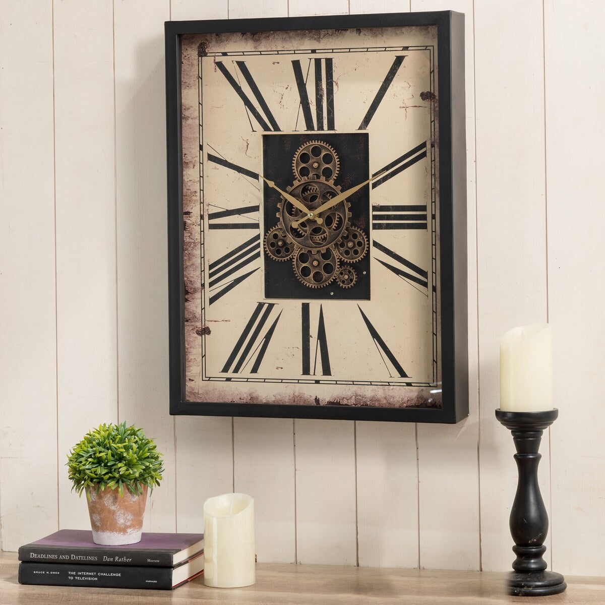 Glitzhome 23.75"H Vintage Rectangle Gear Wall Clock