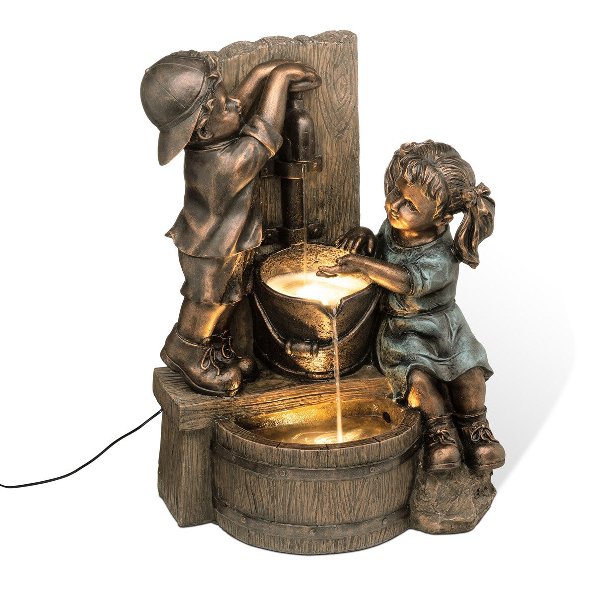 Glitzhome 26"H Polyresin LED Bronze Faucet Boy Girl Outdoor Fountain