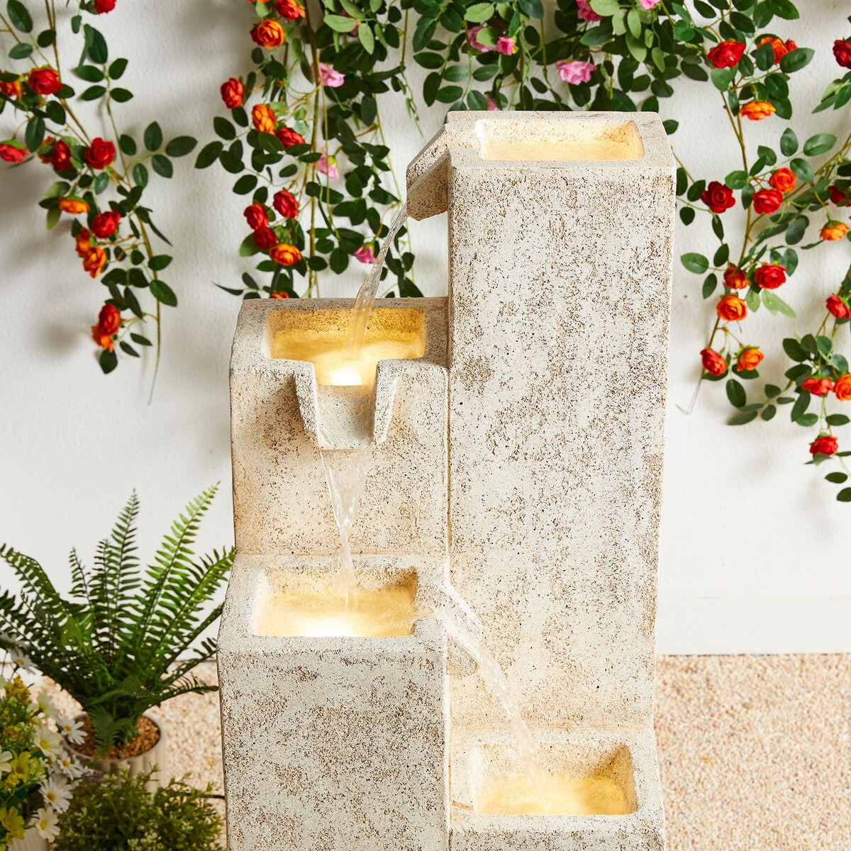 Glitzhome 34"H Modern 4-Tier Faux Terrazzo Resin Geometric LED Outdoor Floor Fountain