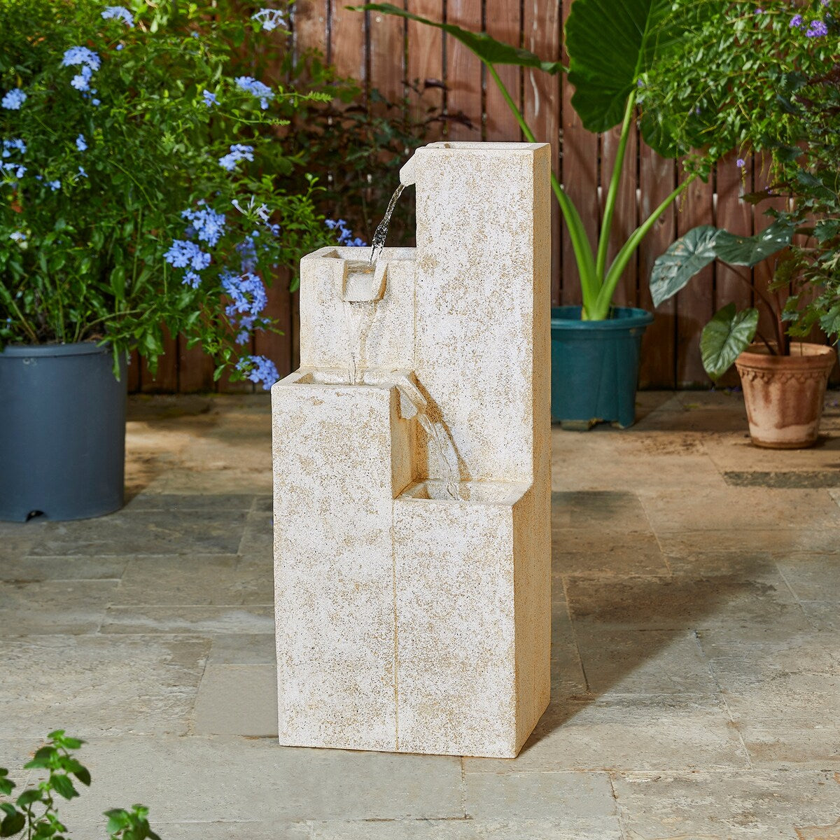 Glitzhome 34"H Modern 4-Tier Faux Terrazzo Resin Geometric LED Outdoor Floor Fountain