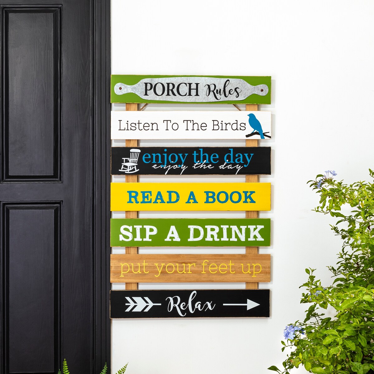 Glitzhome 36"H Oversized Colorful Wooden Slats Porch Spring Rules Sign Wall Decor