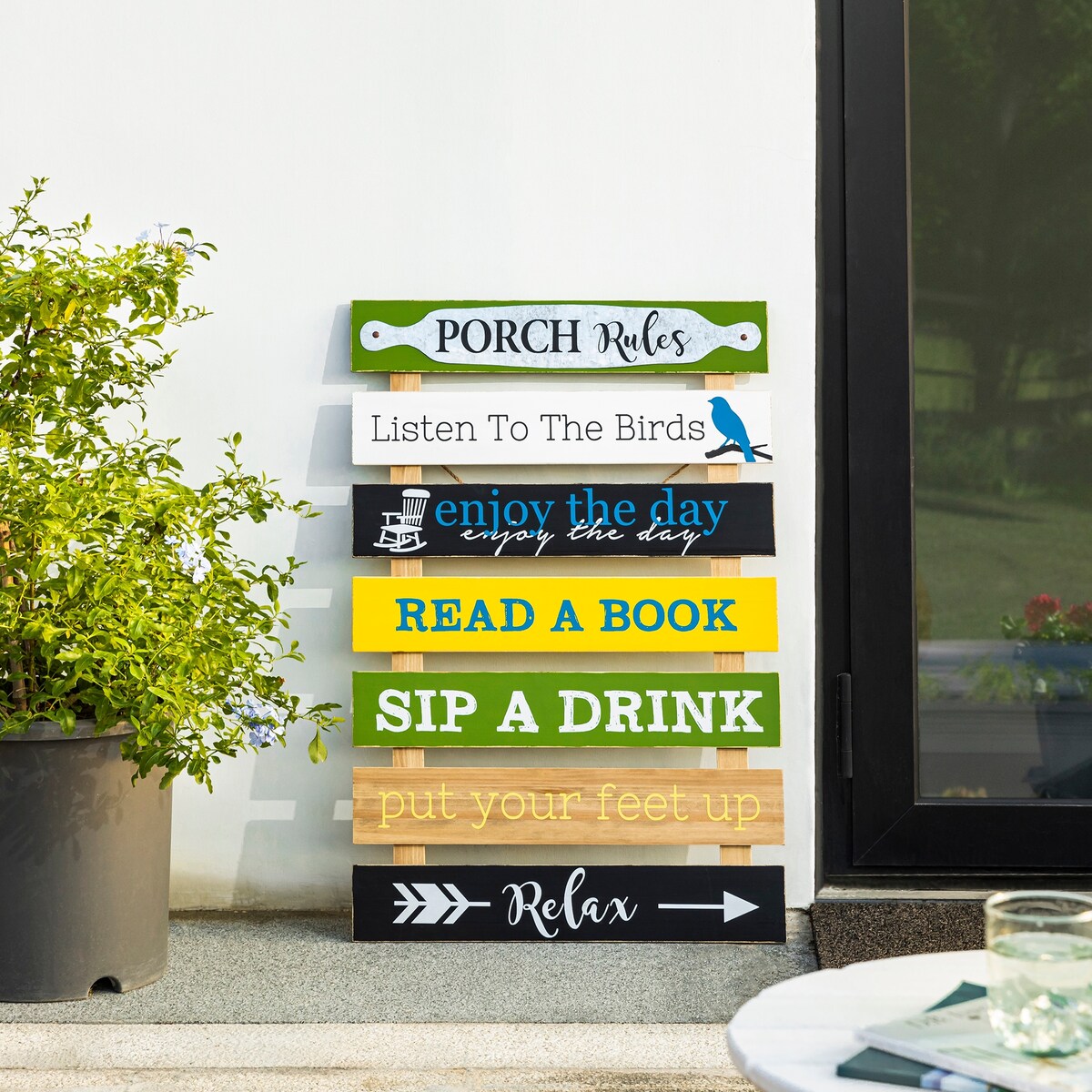 Glitzhome 36"H Oversized Colorful Wooden Slats Porch Spring Rules Sign Wall Decor