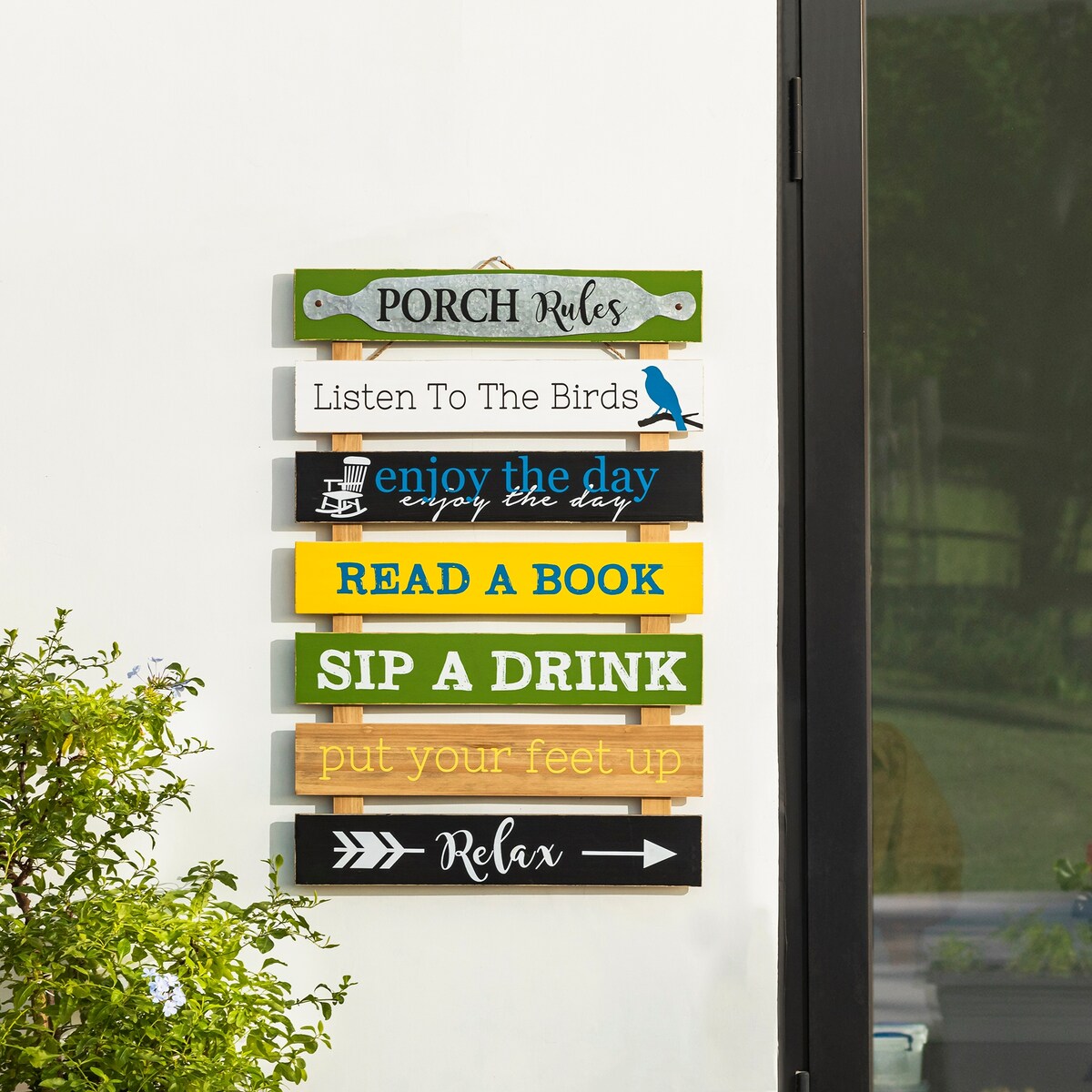 Glitzhome 36"H Oversized Colorful Wooden Slats Porch Spring Rules Sign Wall Decor