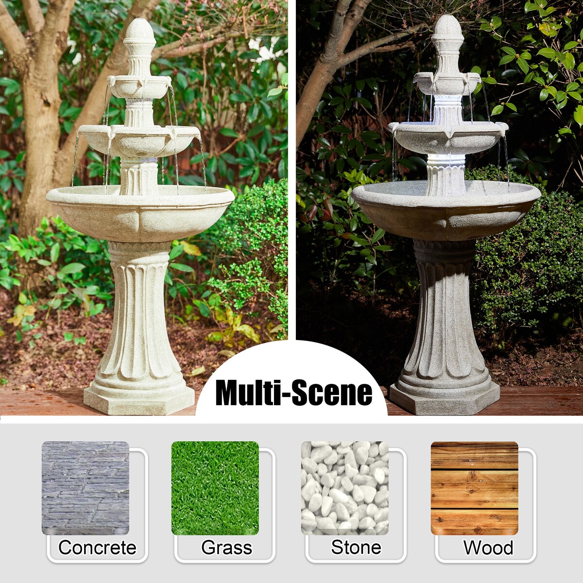 Glitzhome 45.25"H Oversized Sand Beige Terrazzo Resin 3-Tier Lighted Outdoor Fountain