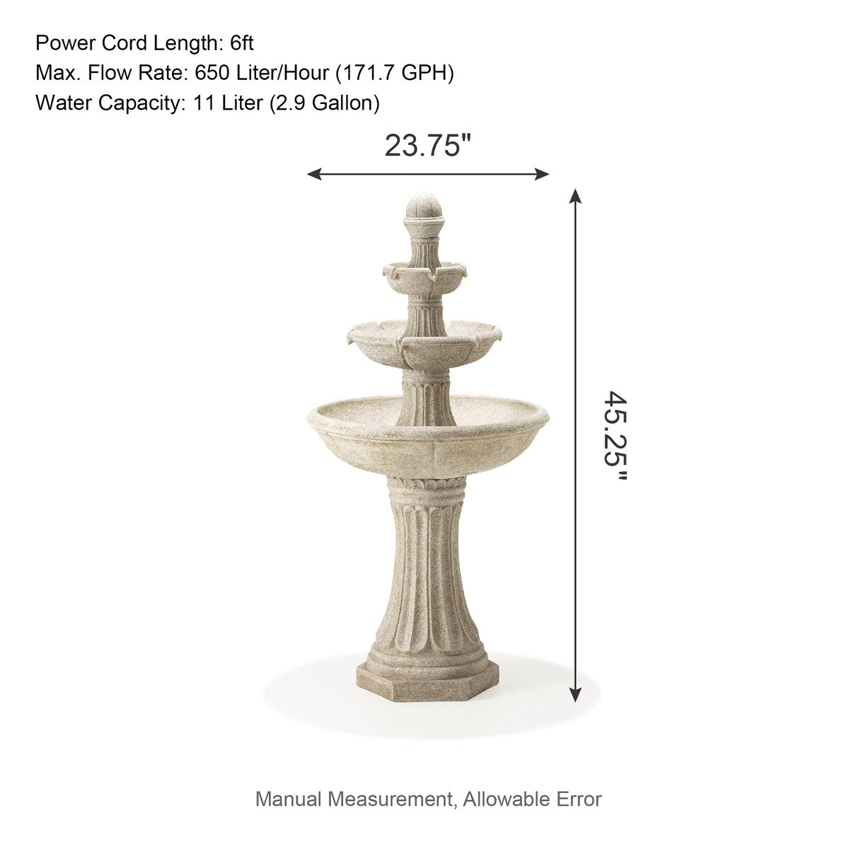 Glitzhome 45.25"H Oversized Sand Beige Terrazzo Resin 3-Tier Lighted Outdoor Fountain
