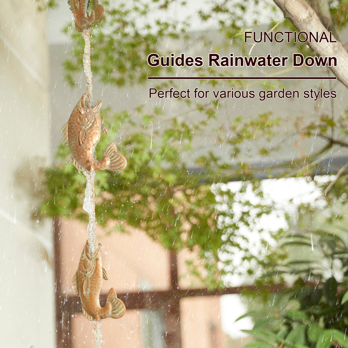 Glitzhome 8.5ft Faux Copper Patina Finish Fish Shaped Rain Chain with Clip