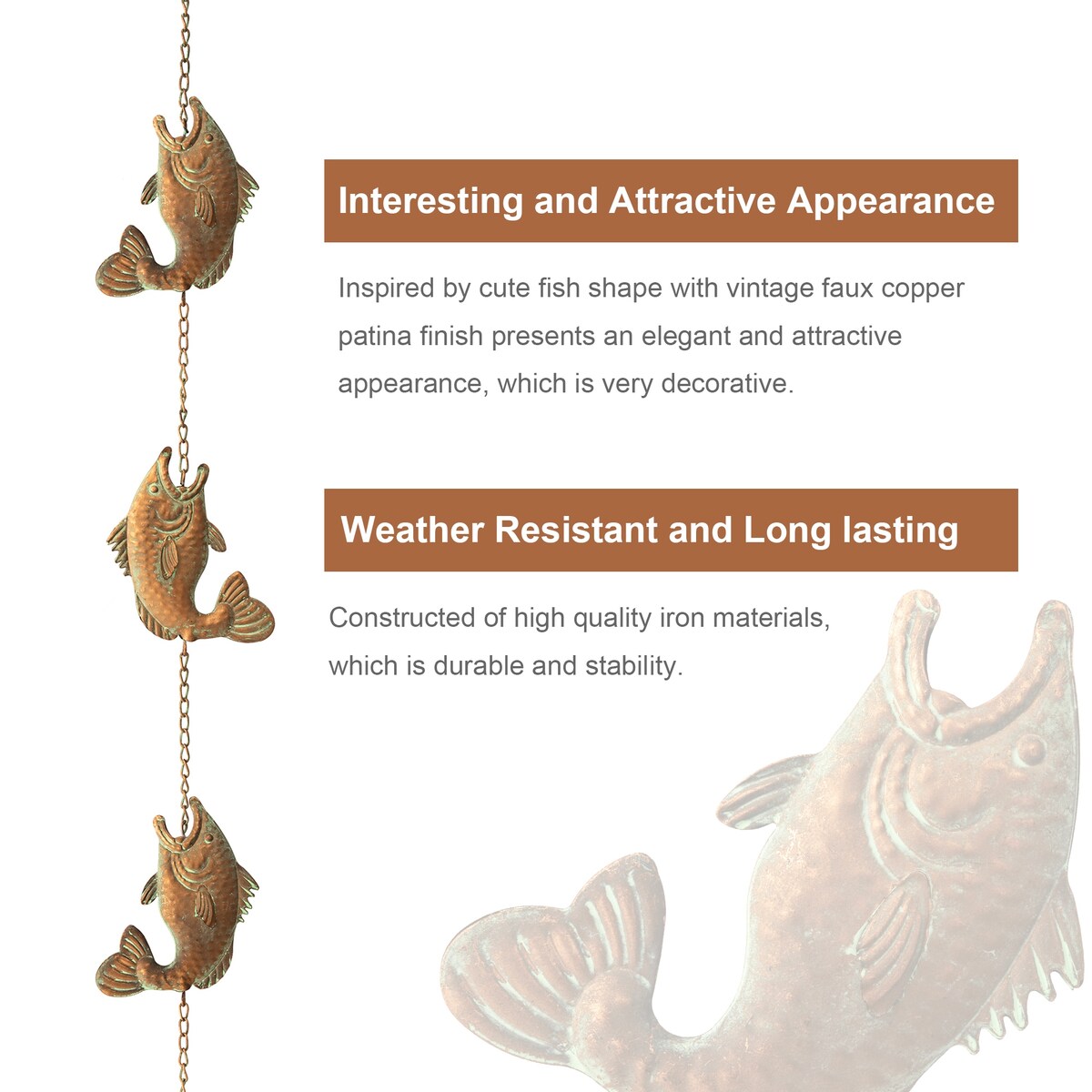 Glitzhome 8.5ft Faux Copper Patina Finish Fish Shaped Rain Chain with Clip