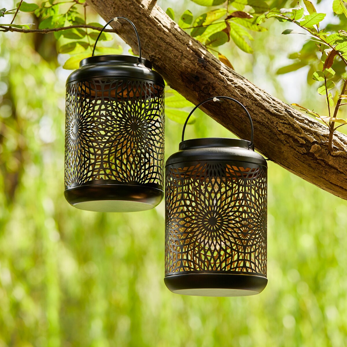 Glitzhome Set of 2 Metal Cutout Solar LED Outdoor Waterproof Hanging Lanterns