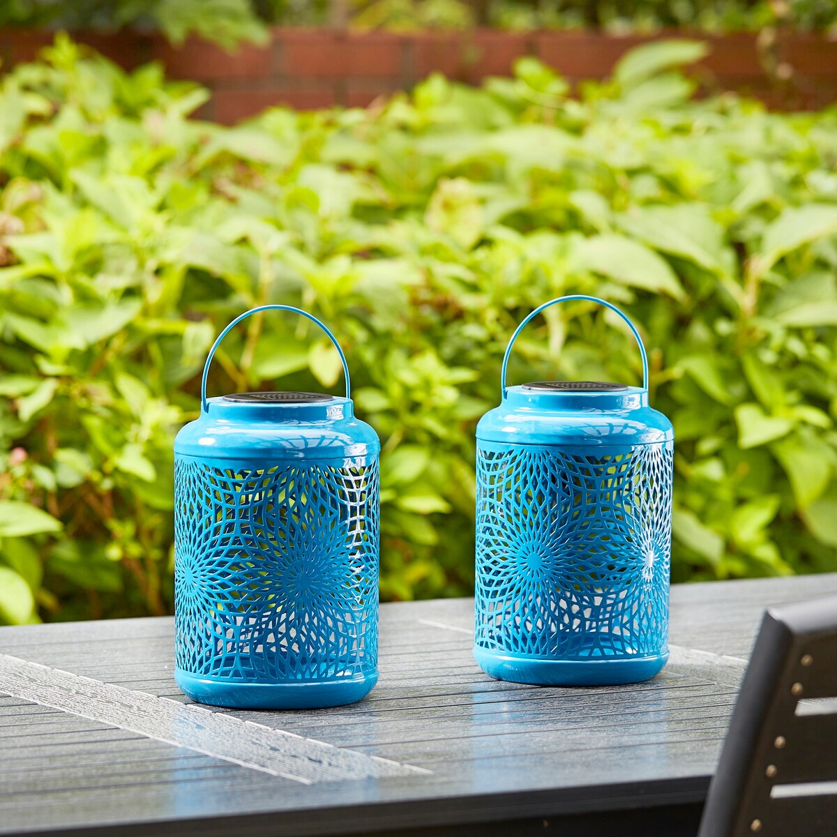 Glitzhome Set of 2 Metal Cutout Solar LED Outdoor Waterproof Hanging Lanterns