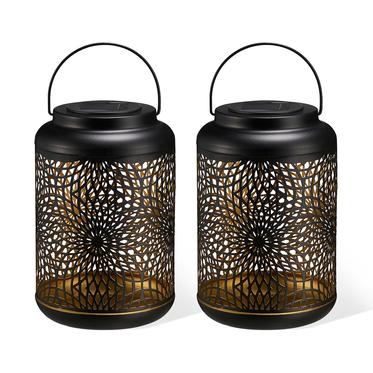 Glitzhome Set of 2 Metal Cutout Solar LED Outdoor Waterproof Hanging Lanterns