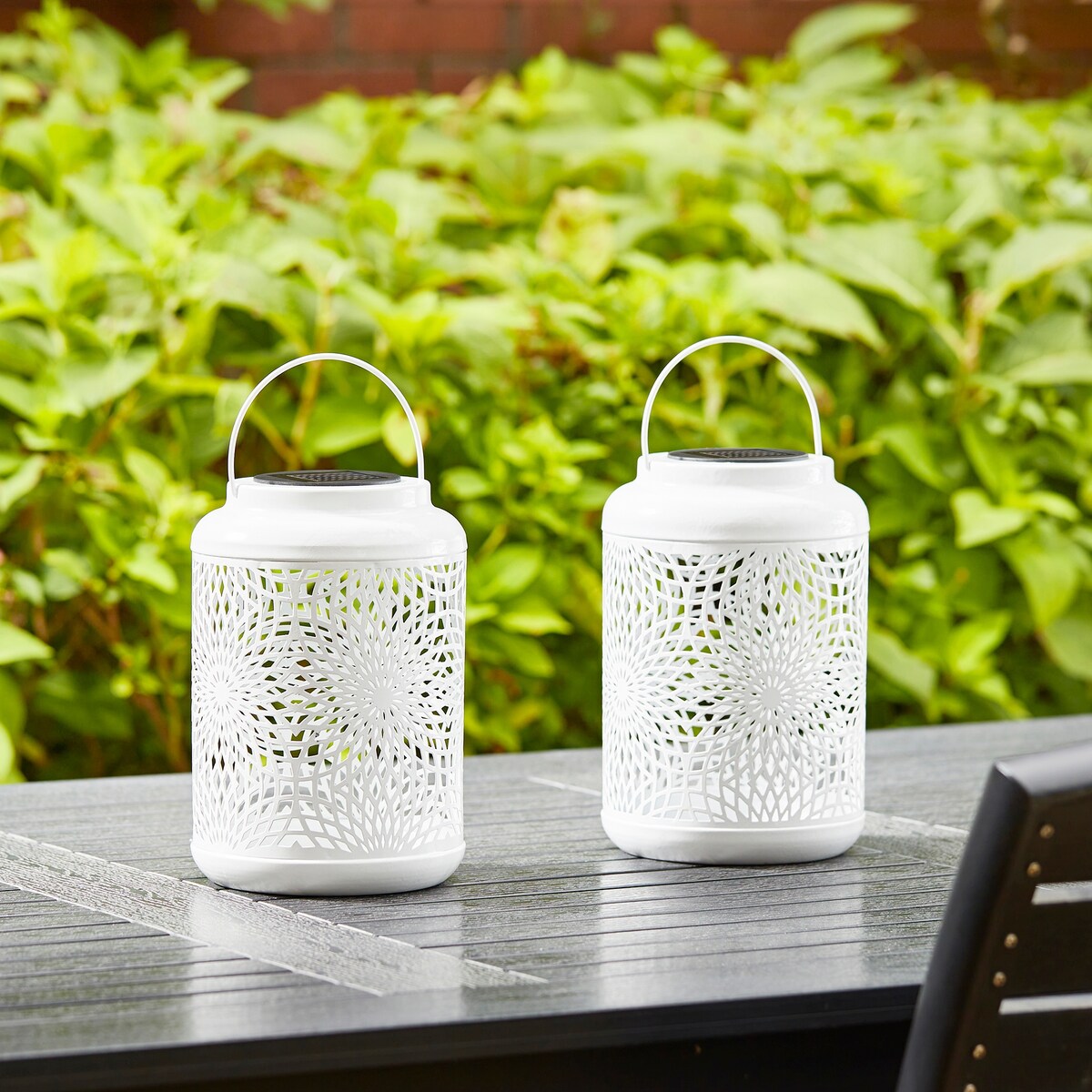 Glitzhome Set of 2 Metal Cutout Solar LED Outdoor Waterproof Hanging Lanterns