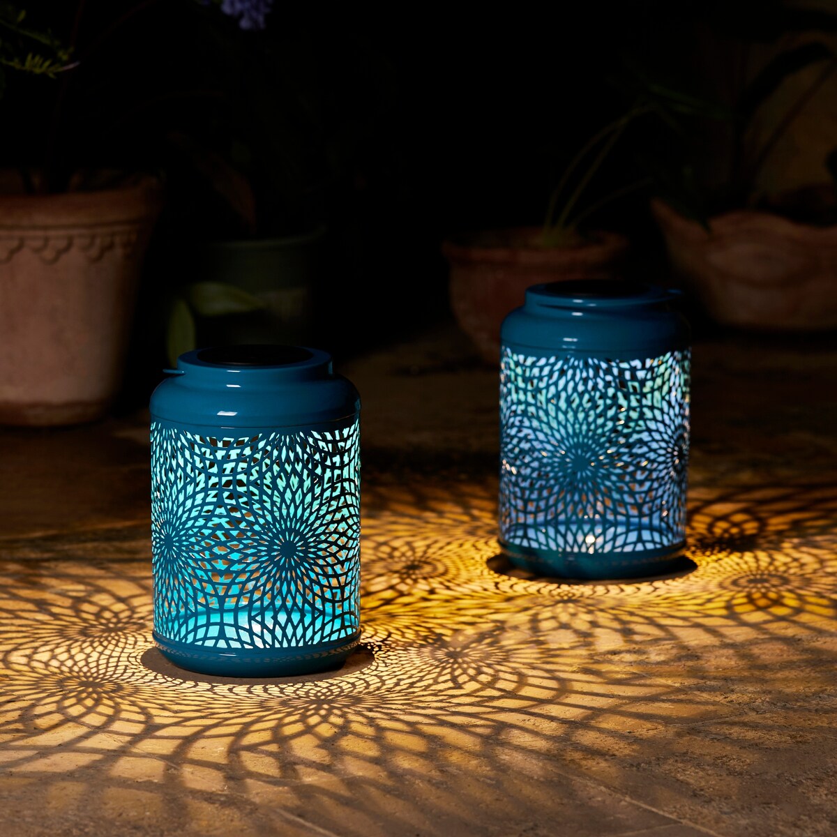 Glitzhome Set of 2 Metal Cutout Solar LED Outdoor Waterproof Hanging Lanterns