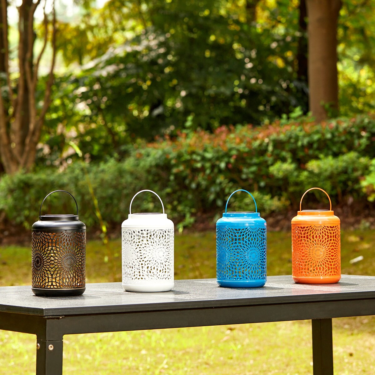 Glitzhome Set of 2 Metal Cutout Solar LED Outdoor Waterproof Hanging Lanterns