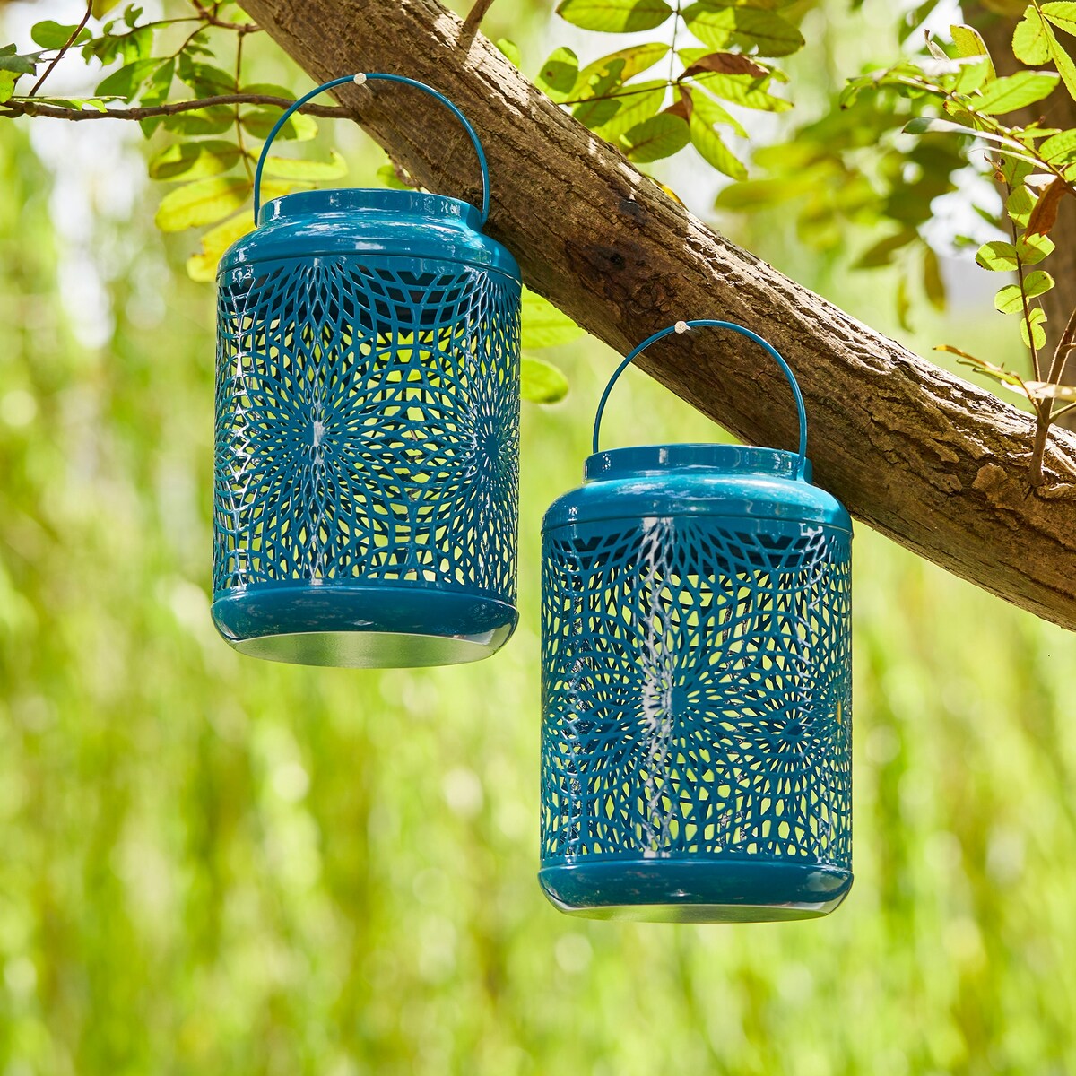 Glitzhome Set of 2 Metal Cutout Solar LED Outdoor Waterproof Hanging Lanterns