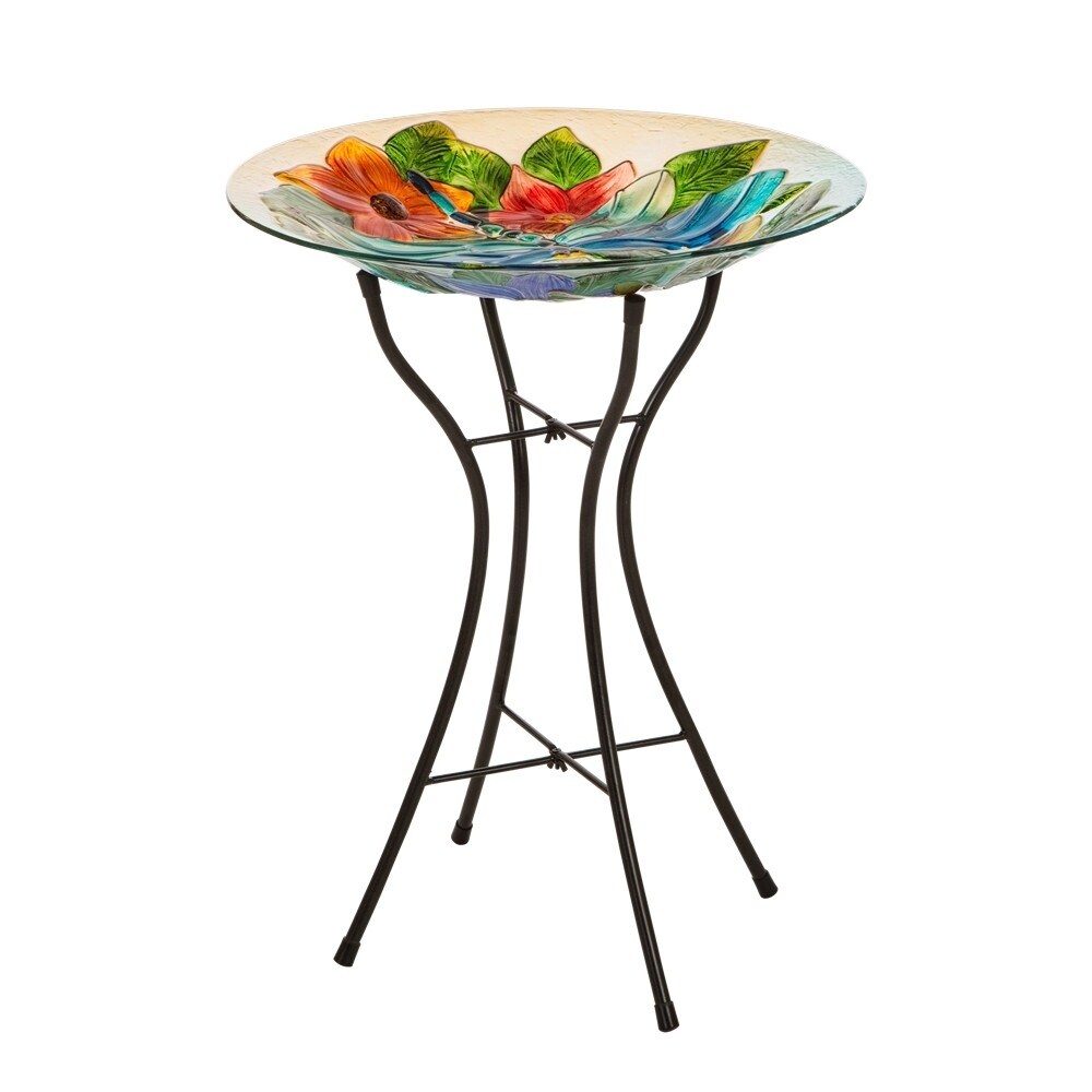 Glitzhome Fused Glass Garden Bird Bath With Metal Stand