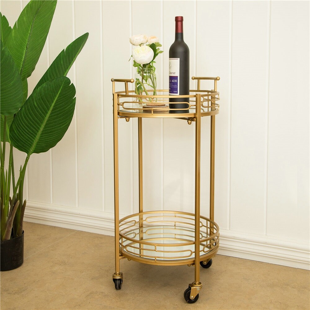 Glitzhome Metallic Gold 2-Tier Serving Bar Cart with Mirrored Glass