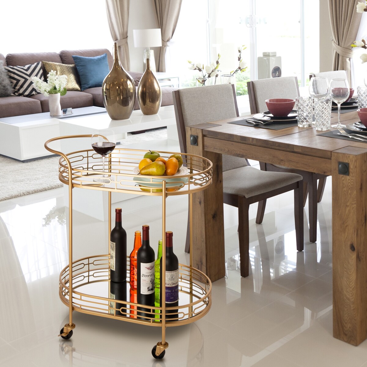 Glitzhome Metallic Gold 2-Tier Serving Bar Cart with Mirrored Glass