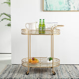 Glitzhome Metallic Gold 2-Tier Serving Bar Cart with Mirrored Glass