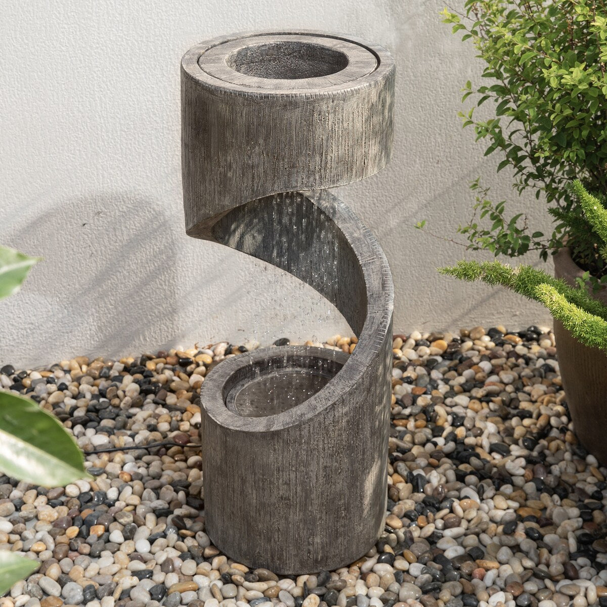 Glitzhome Modern Minimalist Spiral LED Polyresin Outdoor Fountain with Small Planter