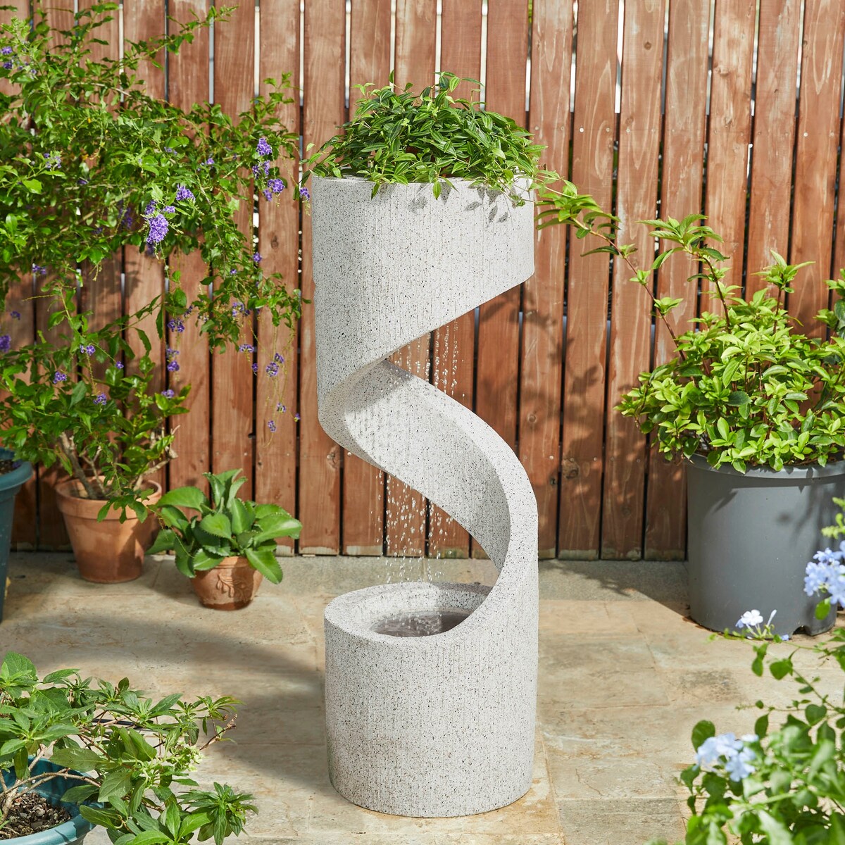 Glitzhome Modern Minimalist Spiral LED Polyresin Outdoor Fountain with Small Planter