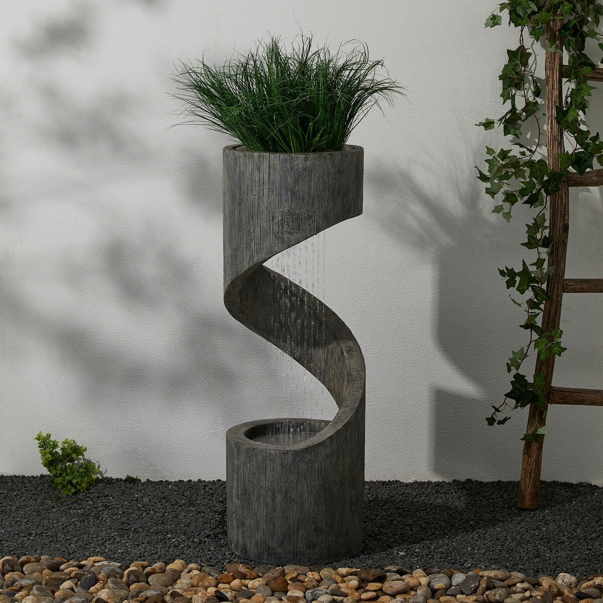 Glitzhome Modern Minimalist Spiral LED Polyresin Outdoor Fountain with Small Planter