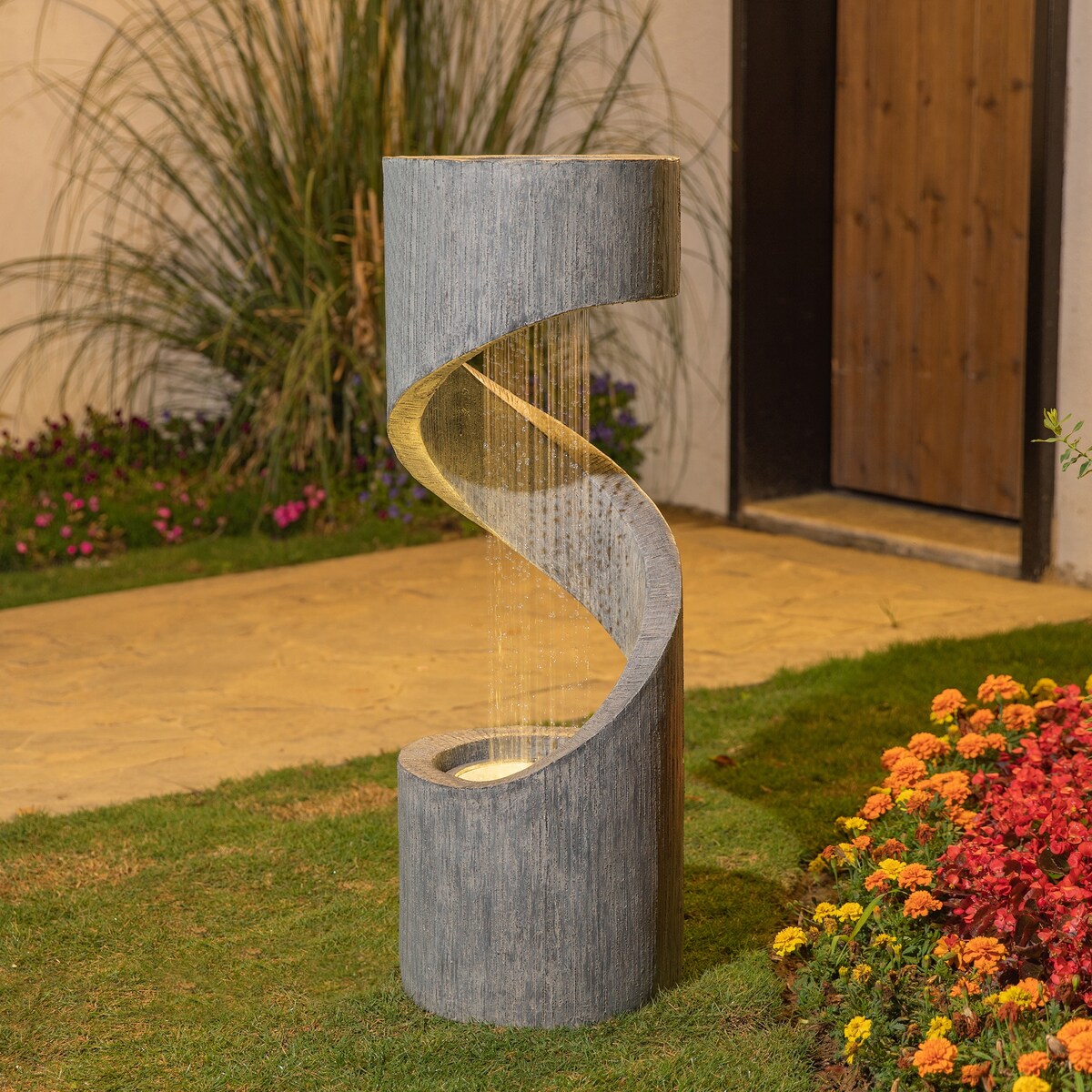Glitzhome Modern Minimalist Spiral LED Polyresin Outdoor Fountain with Small Planter