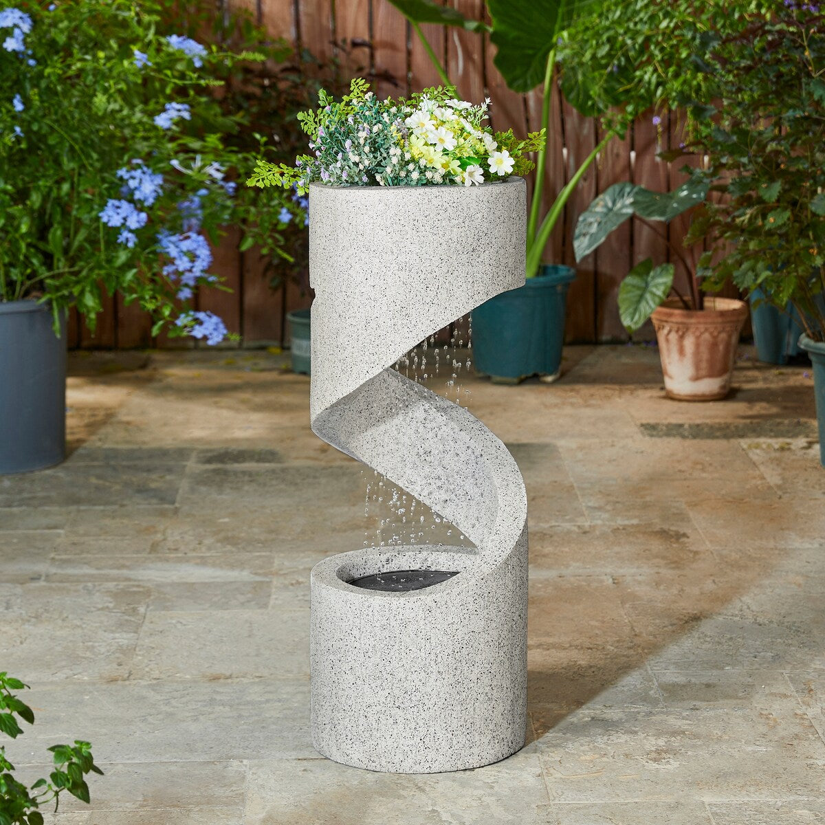 Glitzhome Modern Minimalist Spiral LED Polyresin Outdoor Fountain with Small Planter