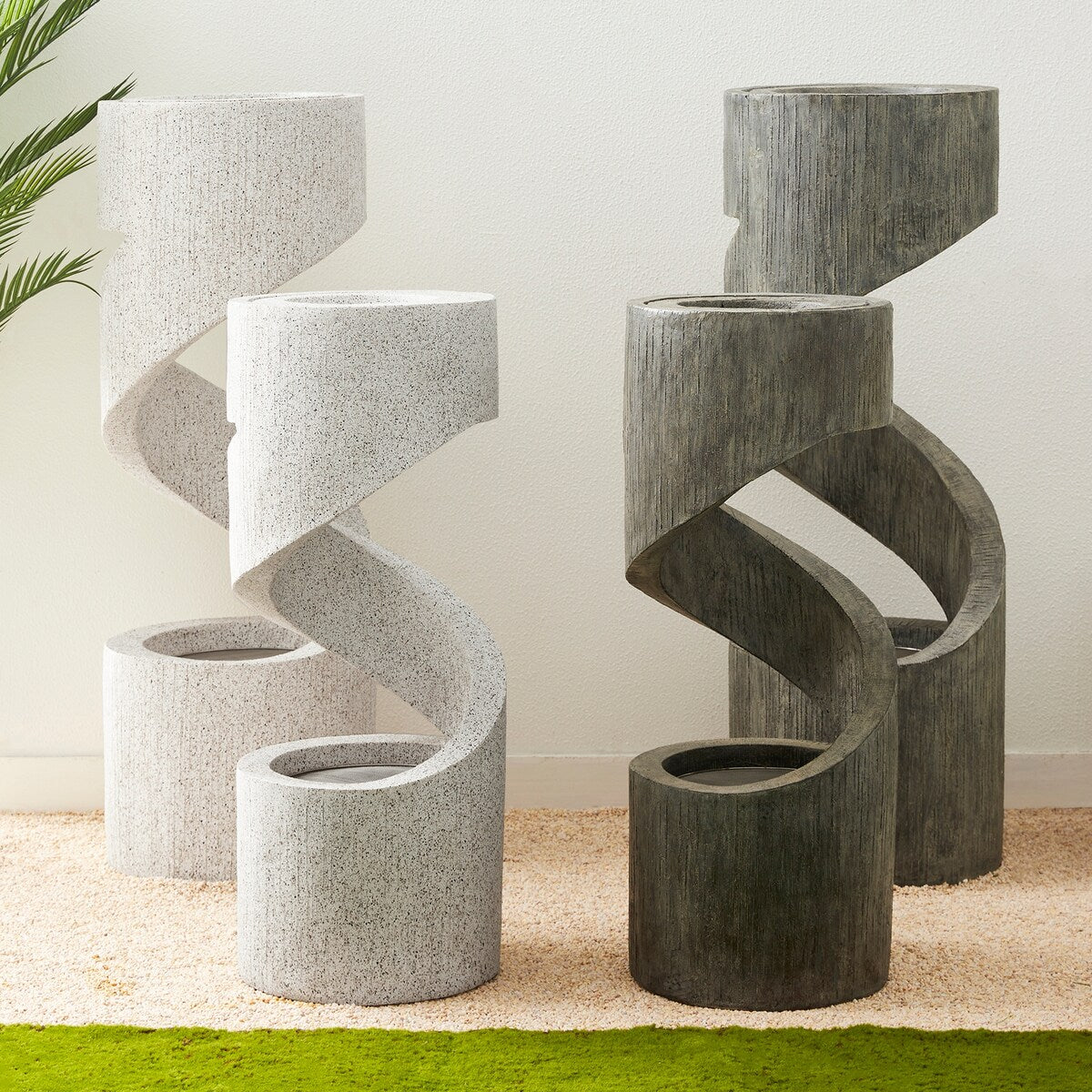 Glitzhome Modern Minimalist Spiral LED Polyresin Outdoor Fountain with Small Planter