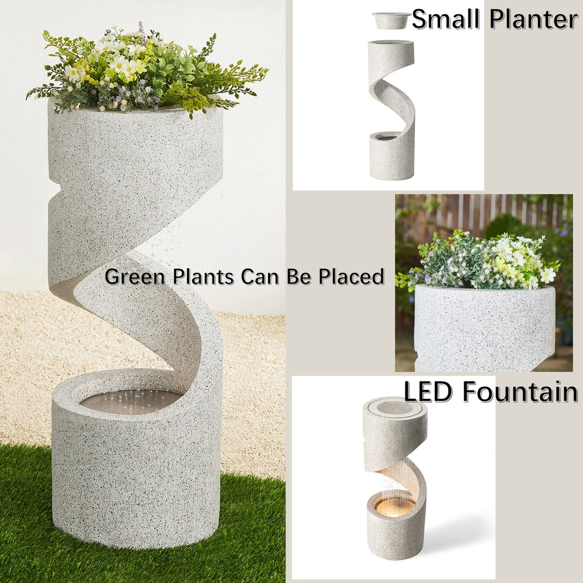 Glitzhome Modern Minimalist Spiral LED Polyresin Outdoor Fountain with Small Planter
